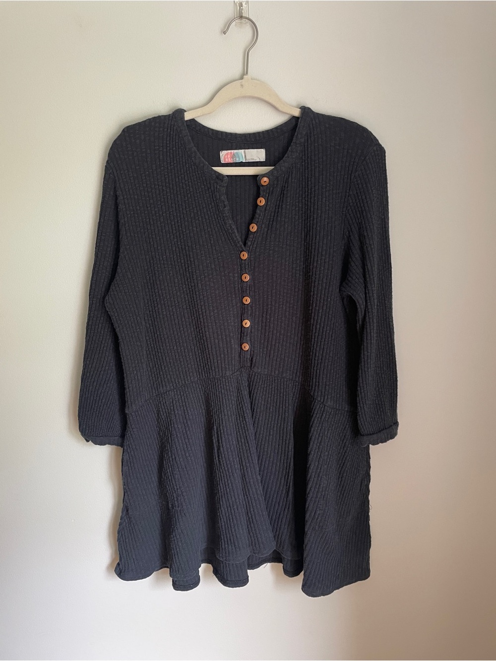 Free People Beach Blossom Ribbed Button Up Tunic Dress in Black Women's Small